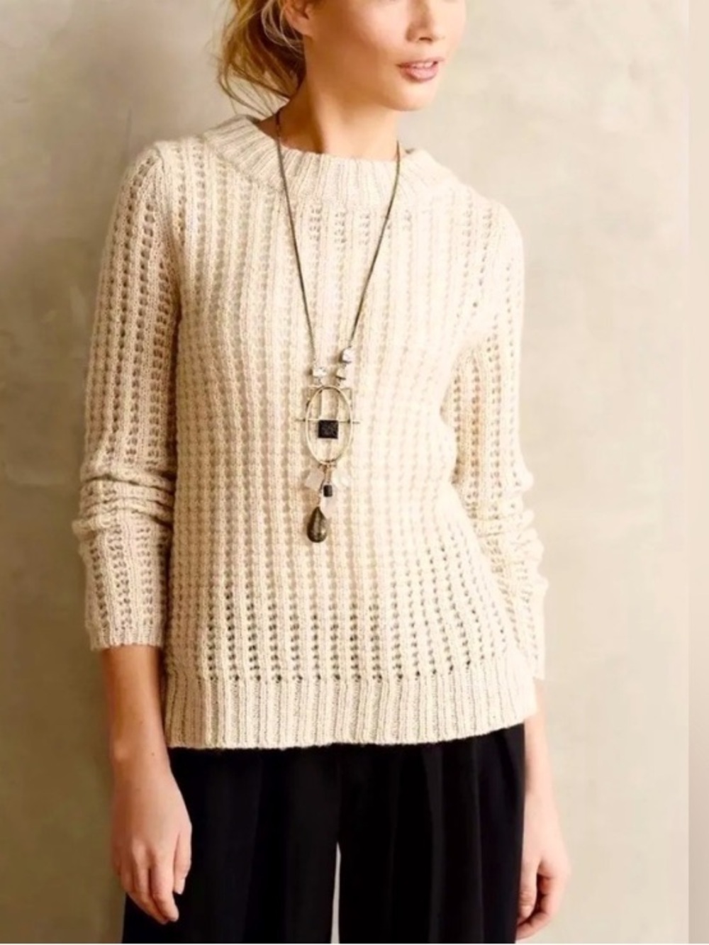 Field Flower Anthropolie Cream Open-Knit Woolblend Women's Sweater Small